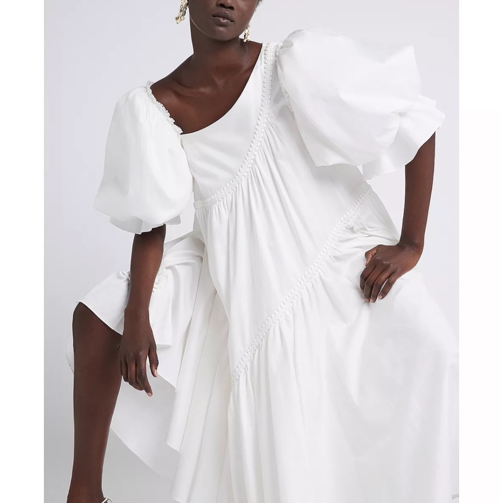 WORN ONCE!!! Aje Casabianca Braided Asymmetric Puff Sleeve Midi Dress